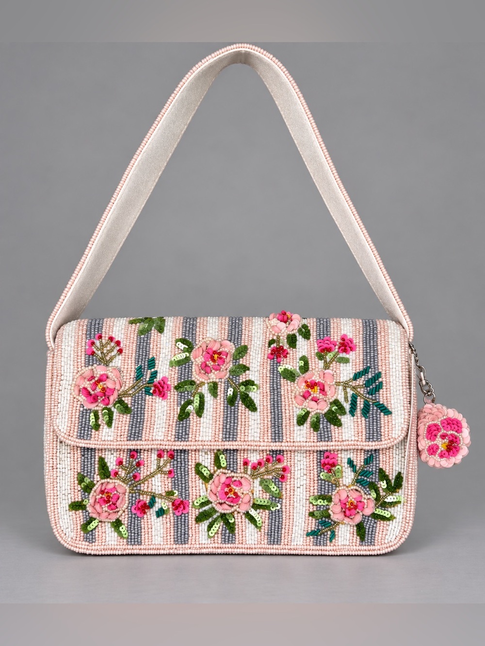 Pink Striped Beaded Floral Shoulder Bag